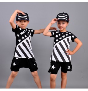 Black with white stars girls kids boys  children baby stage performance school play casual street dance hip hop jazz dance ds singer dance costumes outfits dancewear